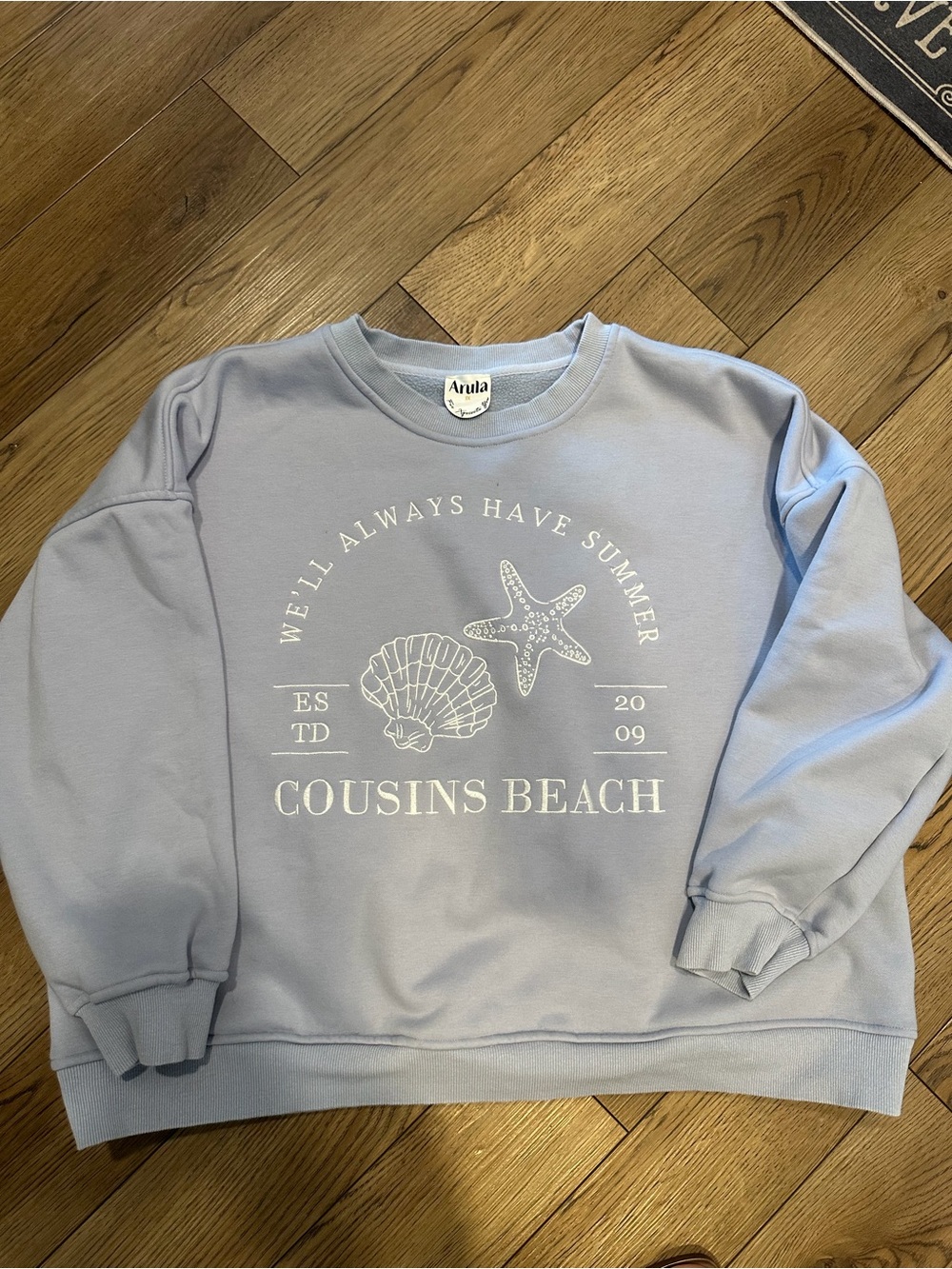 ARULA Light Blue Crewneck Sweatshirt with Beach Graphic